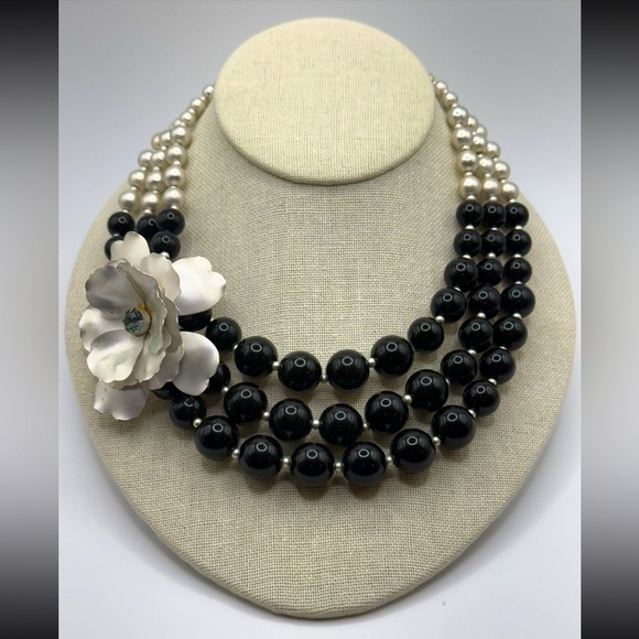 Statement Black & Silver Pearl Beaded Multi-Strand Necklace with Flower Accent - Picture 1 of 4
